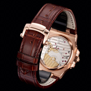 Reloj de pulsera mecánico para hombre con caja de oro rosa de primera calidad, correa de piel de cocodrilo marrón, esfera negra, cronógrafo con fase lunar - Product Image 6