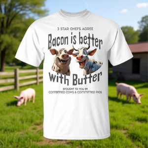 Il bacon è migliore con il burro, maglietta divertente con umorismo di maiali e mucche - Product Image 3