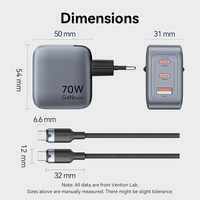 Chargeur mural USB-C Vention 70W super rapide pour ordinateur portable avec câble de charge rapide
