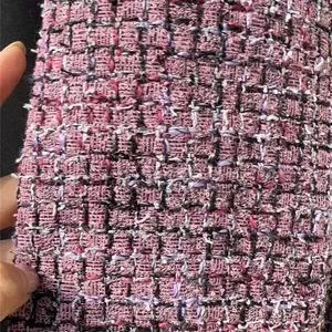 Luxury brand supplier purple tweed fabric for dress clothing polyester cotton blend boucle tweed fabric