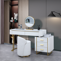 Ensemble coiffeuse moderne en bois massif avec éclairage LED, armoire latérale 5 tiroirs et tabouret pour chambre, salon, hôtel, appartement
