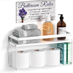 Paquete de 2 estantes de baño de metal blanco estantes adhesivos estantes flotantes de baño con cesta de almacenamiento de alambre