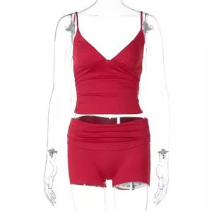 2025 yeni moda 2 parça Set kadın çilek baskılı seksi kırpma üst ve fırfır ekose şort setleri seksi 2 iki parçalı Set kıyafetler - Product Image 3