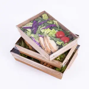 Food grade disposable food box waterproof take away salad lunch kraft packaging box paper food container with plastic clear lids