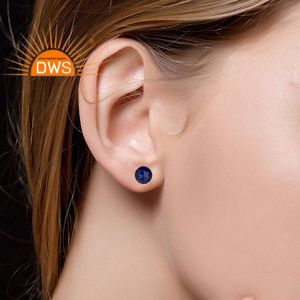 Round Lapis Lazuli Gemstone Earrings 14k Yellow Gold Plated Sterling Silver Fashion Stud Earrings Jewelry Wholesale - Product Image 3
