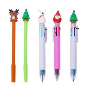批发10色1支可伸缩塑料圆珠笔可爱圣诞多色圆珠笔