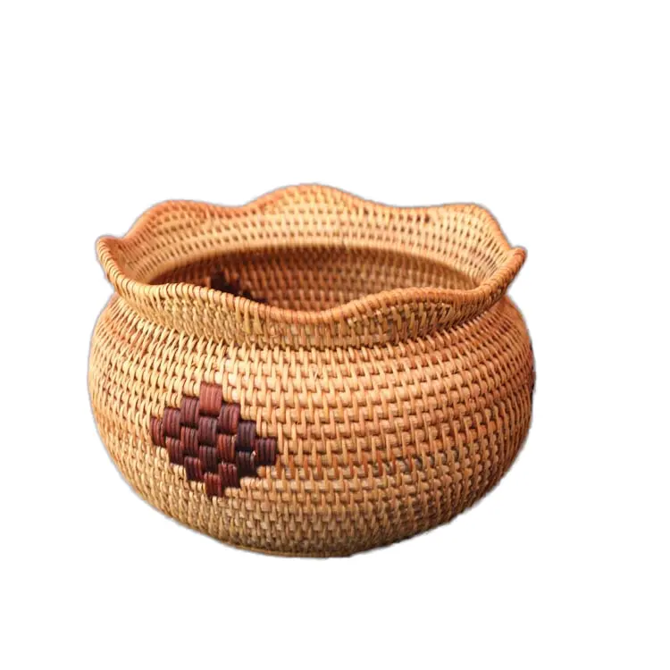 Handmade Rattan Woven Single-Tier Lucky Bags with Lace Household Storage Fruit Trays for Tableware