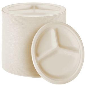 Platos Redondos Desechables de 9 Pulgadas con 3 Compartimentos, Hechos de Bagazo de Caña de Azúcar, Compostables y Biodegradables, para Acampar - Product Image 1