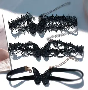 Mode verstellbar niedlich schwarz weiß Schmetterling Samt Spitze Choker Halskette Loli JK Schlüsselbein Halskette Schmuck für Frauen Mädchen