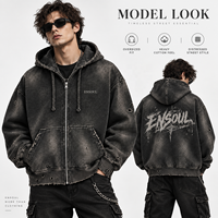 Sweat à capuche zippé vintage personnalisé pour homme, en molleton épais, coupe oversize, effet usé et déchiré, broderie graffiti, style streetwear, OEM ODM