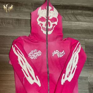 Sweat à capuche unisexe avec crâne surdimensionné et fermeture éclair, logo personnalisé, style Street Wear, patch de broderie en détresse 100% coton brut - Product Image 2