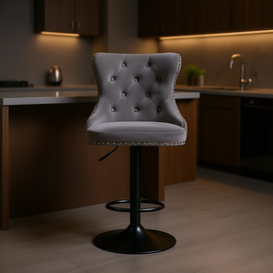 Tufted Gray Velvet Bar <b>Stool</b> <b>Adjustable</b> <b>Height</b> 25-33 Inch Modern Round Base Metal Frame Home Bar Furniture - Product Image 2