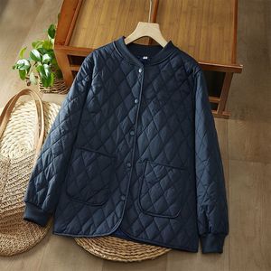 Women's <b>Quilted</b> Cotton Padded <b>Jacket</b> Loose Fit Crew Neck Single Button Winter Warm Coat Full Sleeve Diamond <b>Pattern</b> - Product Image 4