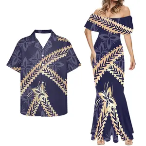 Polynesian Tribal Tattoo Dresses Women Lady Elegant Tapa Flower Couples Clothing Sets Samoa 8XL Dress And Men Shirts 2pcs