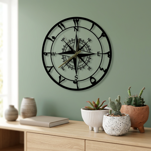 Horloge murale islamique minimaliste en métal, design boussole ronde, quartz analogique silencieux, horloge suspendue pour la décoration du salon - Product Image 5