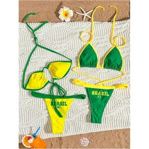 FOXA Ensemble de bikini pour femme avec drapeau du Brésil, maillot de bain 2 pièces, haut triangle dos nu et bas string, avec bordure contrastante, en Spandex extensible et Polyester - Product Image 5