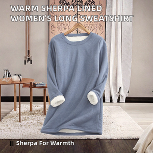 Sudadera Larga de Mujer con Forro de Sherpa Cálido, Cuello Redondo, Estilo Deportivo, Informal, para Invierno, con Logotipo Frontal, Antibolitas, Venta al Por Mayor - Product Image 2