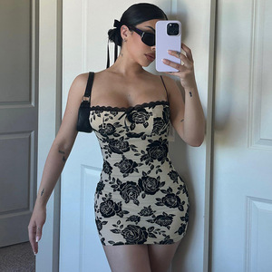 Mini Vestido con estampado de flores, encaje recortado para mujer, impresionante estética, elegante, sin mangas, vestidos de noche, Vestido femenino - Product Image 1