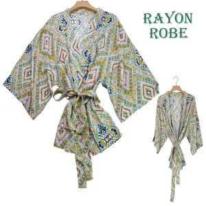 Ready to Ship Breathable Full Printing 100% Rayon Floral Women Drop Shoulder Short Kimono Robe
