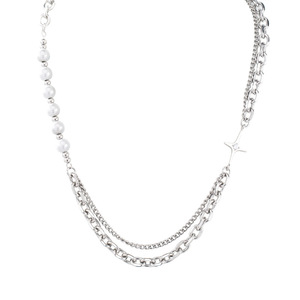 yunnique Layered Necklace Double <b>Chain</b> Star Pendant <b>Titanium</b> Steel Beaded Party Jewelry - Product Image 5