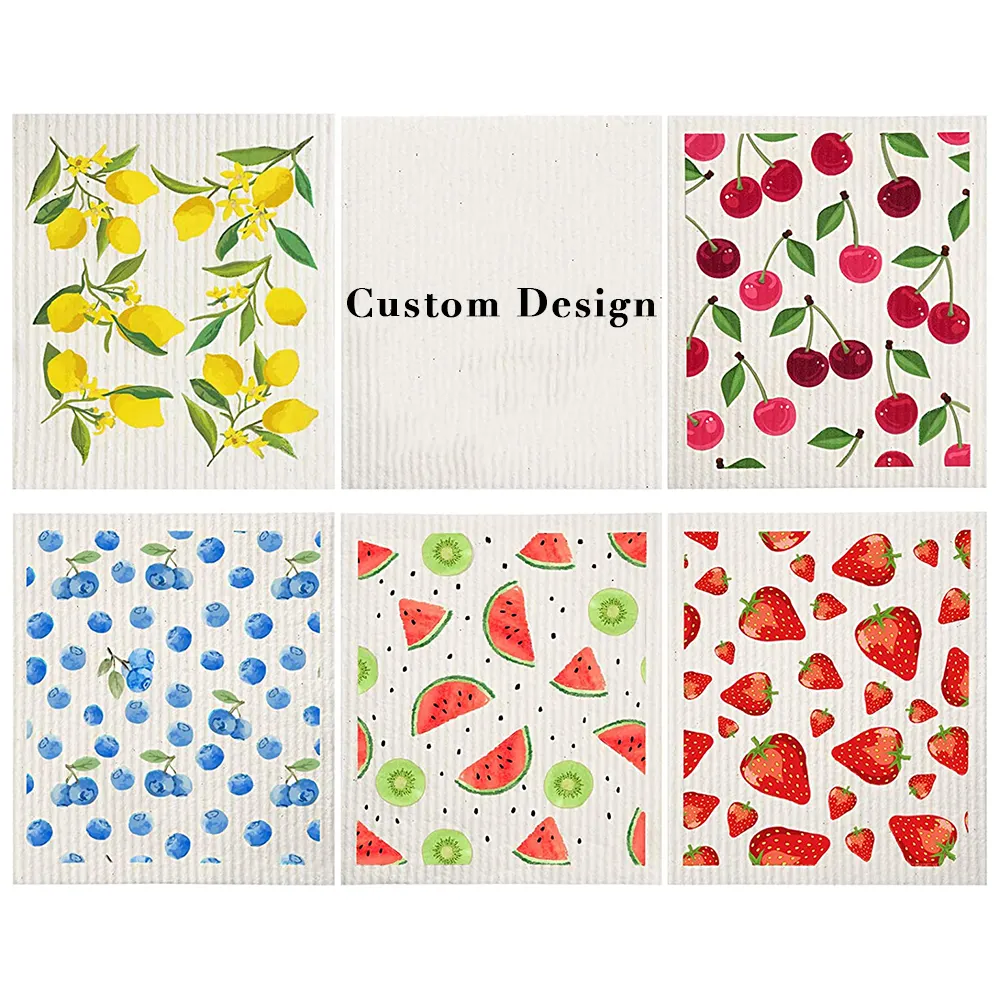 Custom Design Eco-Friendly Reusable Cellulose Cotton Dish Sponge Cloth Swedish Dishcloth print kitchen dining dishcloth