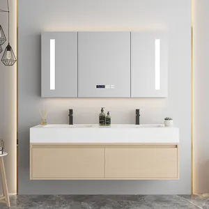 Meubles de salle de bains en bois naturel, automne et hiver, avec miroir LED intelligent, plateau de comptoir et lavabo en pierre de bois massif 2021