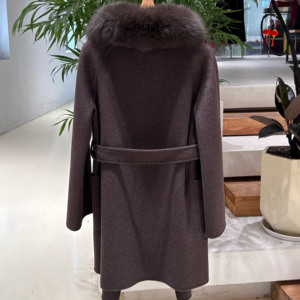 Nouvelle veste en laine double face pour femme, col en vraie fourrure de renard brun naturel, ceinture, poches, manteau <span class=keywords><strong>court</strong></span> en laine, vêtements d'extérieur - Product Image 3