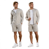 Ensemble de survêtement léger pour homme en Spandex/Nylon anti-boulochage, couleur unie, avec fermeture éclair sur le devant, décontracté, pour l'automne, respirant, avec short intégré