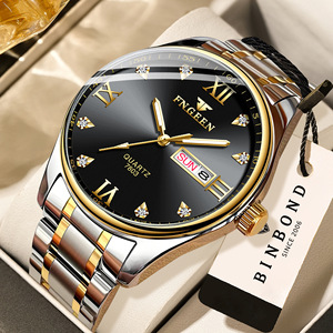 FNGEEN Men's Quartz Watch Two-Tone Stainless Steel Bracelet Analog Day Date Display 10mm Case 50m Waterproof Deployment Clasp - Product Image 1