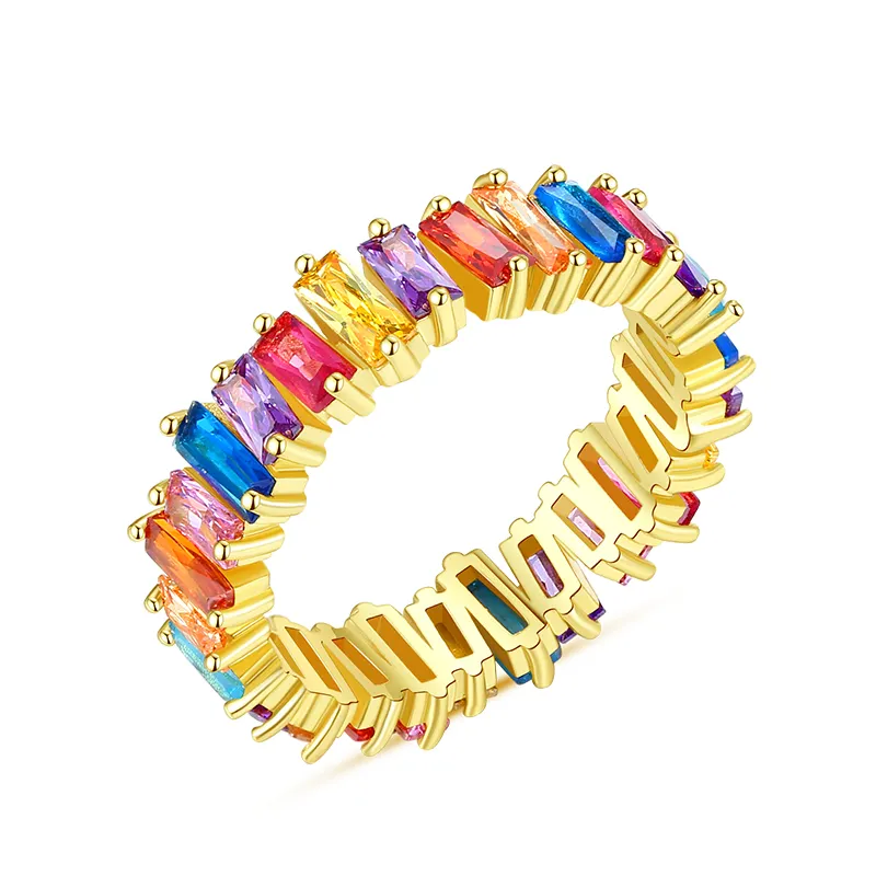 Jinse Groothandel Kunstmatige Sieraden T Vorm Mix Kleur Steen Kleurrijke Cz Regenboog Zirconia Ring