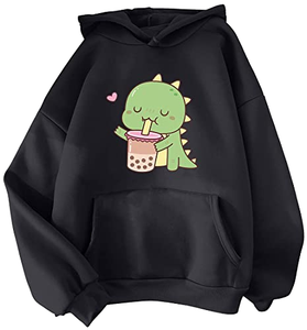 Sudadera con capucha de felpa con estampado de dinosaurio lindo y diseño de té boba, estilo oversize, streetwear, con bolsillos - Product Image 1