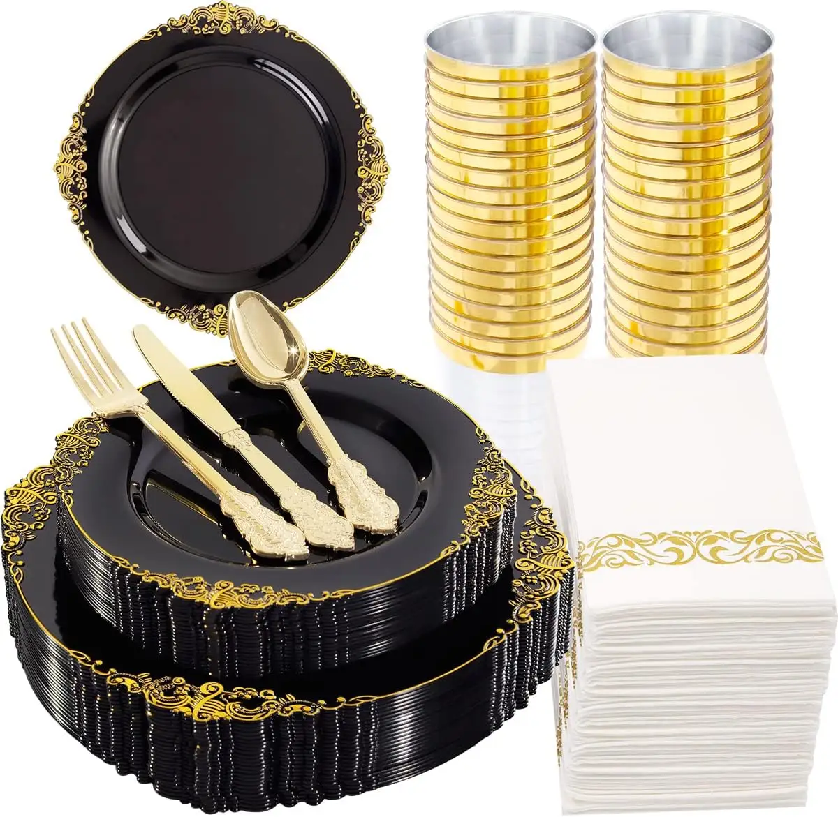 Placa plástica preta e dourada para jantar, prato descartável com 50 pratos, 25 facas, 25 garfos, 25 colheres, 25 guardanapos, 175 unidades