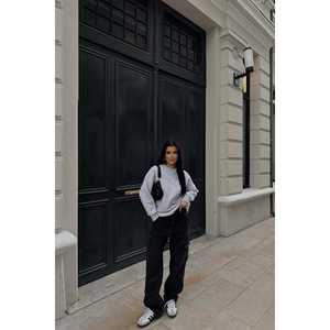 Women's <b>Grey</b> Oversize Silk <b>Sweatshirt</b> with Zipper up Collar and Back Print High Quality Embroidered Daily Style for Winter - Product Image 1