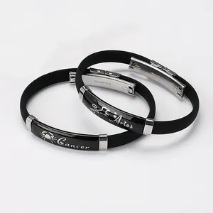 Fashion Jewelry Luxury Bracelet Couple Customized 12 Zodiac Stainless Steel Silicone Bracelet for Men Women