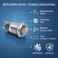 Interrupteur sélecteur métallique étanche 19 mm IP65 en acier inoxydable, bouton-poussoir rotatif 2/3 positions avec indicateur fléché, 220 V 1NO