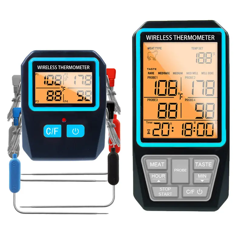 CH-216 새로운 디지털 무선 육류 식품 온도계 스틸 스테인레스 4 프로브 무선 그릴 오븐 바베큐 온도계
