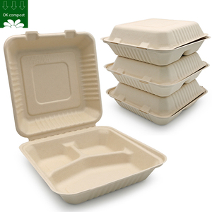 Tùy chỉnh phân hủy sinh học compostable mía bã mía hộp 3 bộ phận compostable hộp đựng thức ăn vỏ sò dùng một lần cho thực phẩm nóng - Product Image 1