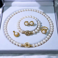 Vente en gros de perles d'eau douce 8-9mm véritables collier de perles bracelet boucles d'oreilles bague ensemble perles rondes perle ensemble de bijoux