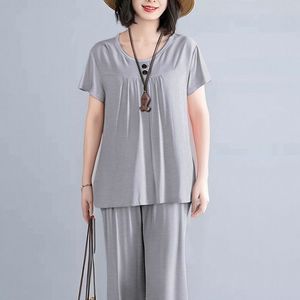 Summer Short Sleeve Capri Pants Loose Plus Size Women's Home Wear Set Two Piece Casual <b>Suit</b> Solid Color <b>Pajama</b> Set - Product Image 4
