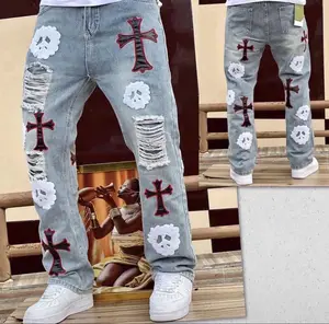 Celana Denim motif pria Pop wajah hantu Cross terbaru 2024 jins Denim robek roh jahat Crucifix