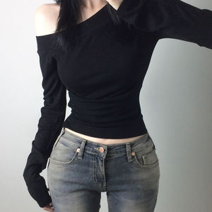 Top Moderno de Punto con Hombro Asimétrico para Mujer Camisa de Manga Larga con Abertura Lateral Botón Transpirable Elegante para Oficina Noche Otoño - Product Image 5