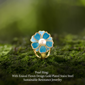Pearl <b>Ring</b> With Blue Enamel Flower Design <b>Gold</b> Plated Stainless Steel Sustainable Resistant Jewelry - Product Image 3