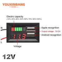 Indicateur de Capacité de Batterie Numérique Plomb-Acide LiFePO4 Lithium, Testeur Voltmètre Double USB 12V pour Voiture et Moto Électrique, Précision 2%