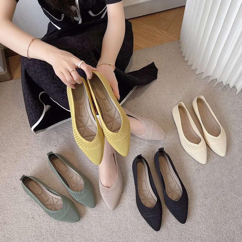 factory wholesale cheap Multicolor pointed toe knitting ballet moccasins shoes Soft comfortable knot shallow slip on women flats