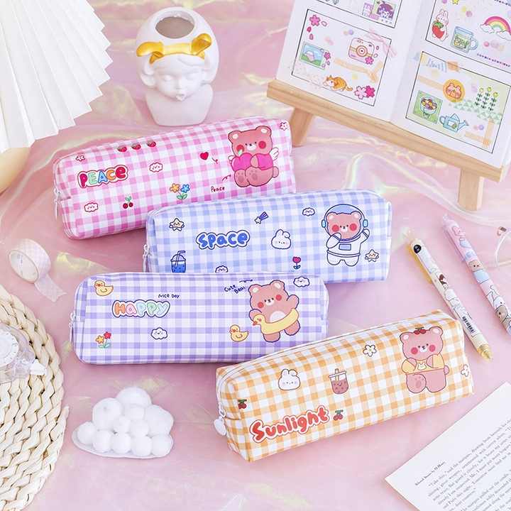 Large capacity three layers school students cute kawaii canvas pencil