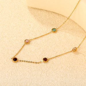 Collar de disco de piedra ojo de gato colorido para mujer, colgante de acero inoxidable con engaste de bisel, diseño geométrico circular, joyería de moda - Product Image 3