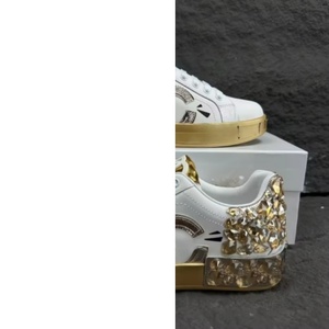 White Gold Rhinestone Decorated Sneakers, Men/<b>Women</b> Luxury Bling Casual Skate Shoes, Logo Embossed Thick Sole <b>Trainers</b> - Product Image 2