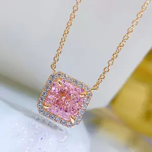 Nouvelle bague de luxe en argent S925 incrustée de 3 carats Radiant carré rose diamant clavicule collier style féminin