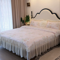 Parure de lit 4 pièces en coton rose pastoral de luxe, style princesse, avec jupe de lit à volants et taies d'oreiller