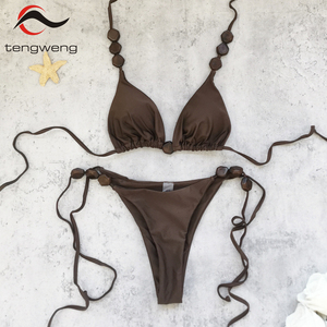Nouvelle Collection TW 2026 – Ensemble Bikini Deux <span class=keywords><strong>Pièces</strong></span> Uni avec Perles pour Femme – <span class=keywords><strong>Maillot</strong></span> <span class=keywords><strong>de</strong></span> <span class=keywords><strong>Bain</strong></span> Sexy Taille Basse et Dos Nu pour la Plage - Product Image 1